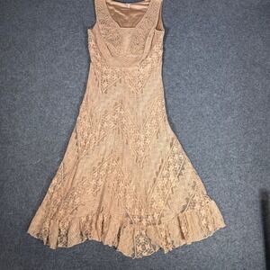 Reba Tan Floral Lace Soutache Beaded Midi Dress Sleeveless Ruffle Hem Womens M